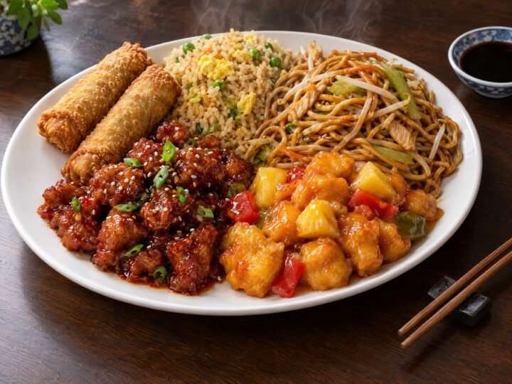 Combo n° 1 : Egg rolls (2), Riz frit au poulet, Poulet Général Tao, Chow mein au poulet, Poulet aux ananas