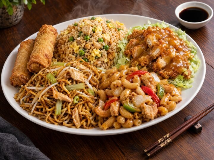 Combo n° 2 : Egg rolls (2), Riz frit au poulet, Poulet soo guy, Chow mein au poulet, Macaroni au poulet