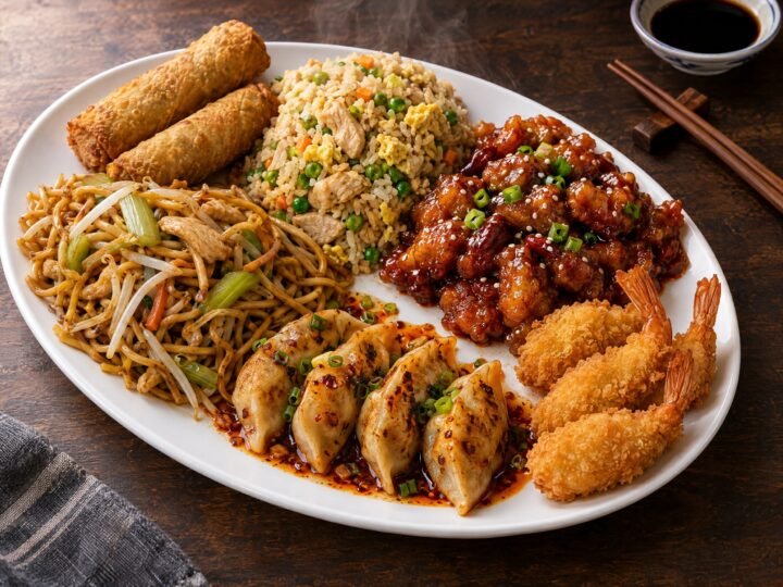 Combo n° 3 : Egg rolls (2), Riz frit au poulet, Poulet Général Tao, Chow mein au poulet, Dumplings Hunan, Crevettes panées