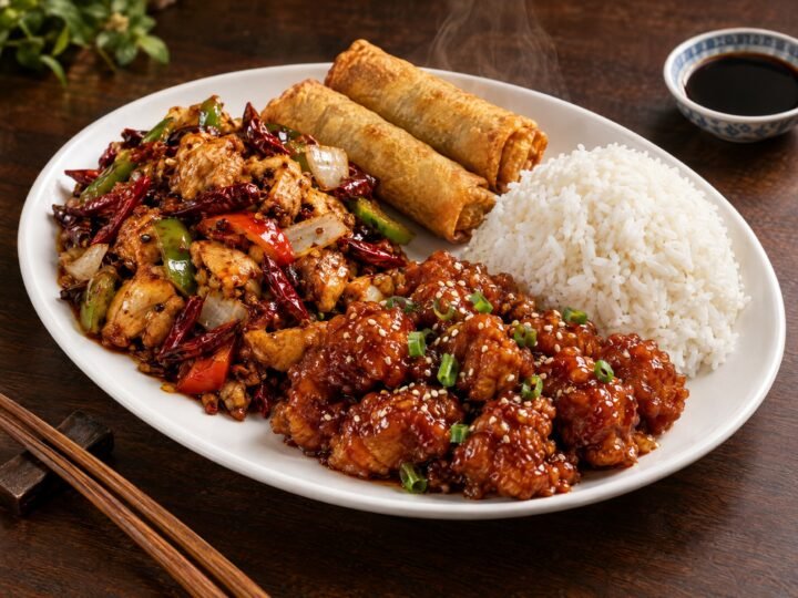 Combo n° 4 : Rouleaux impériaux (2), Poulet szechuanais, Poulet Général Tao, Riz à la vapeur