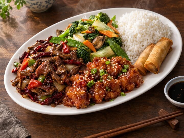 Combo n° 5 : Rouleaux impériaux (2), Bœuf szechuanais, Poulet Général Tao, Légumes sautés maison, Riz à la vapeur