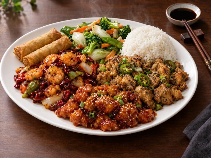 Combo n° 6 : Rouleaux impériaux (2), Crevettes szechuanaises, Poulet sauté sel et poivre noir, Poulet Général Tao, Légumes sautés maison, Riz à la vapeur