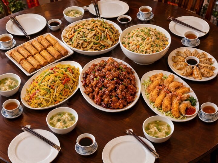 Combo n° 7 : Egg rolls (10), Soupes won ton (5), Dumplings frits, Nouilles Singapour au poulet, Poulet Général Tao, Crevettes panées (10), Chow mein au poulet, Riz frit au poulet