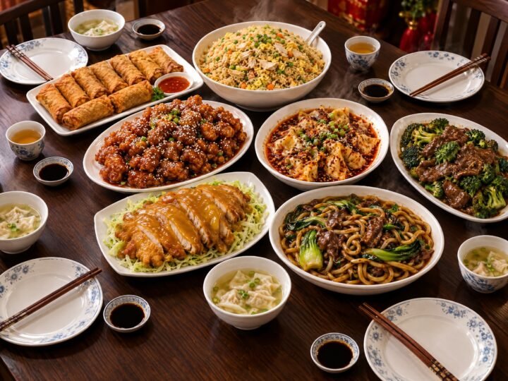 Combo n° 8 : Egg rolls (10), Soupes won ton (5), Poulet au sésame, Dumplings Hunan, Bœuf au brocoli, Poulet soo guy, Nouilles Shanghai au bœuf, Riz frit au poulet